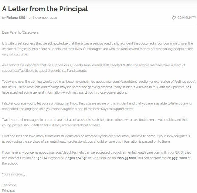 Pinjarra Senior High School principal Jan Stone's letter to the school community. 