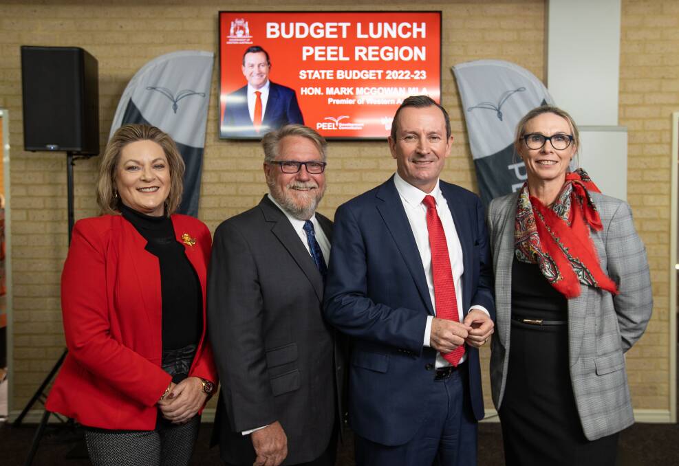 Murray-Wellington MP Robyn Clarke, Peel Development Commission chair David Doepel, Premier Mark McGowan, Dawesville MP Lisa Munday at the state budget lunch in Peel. Picture: Supplied.