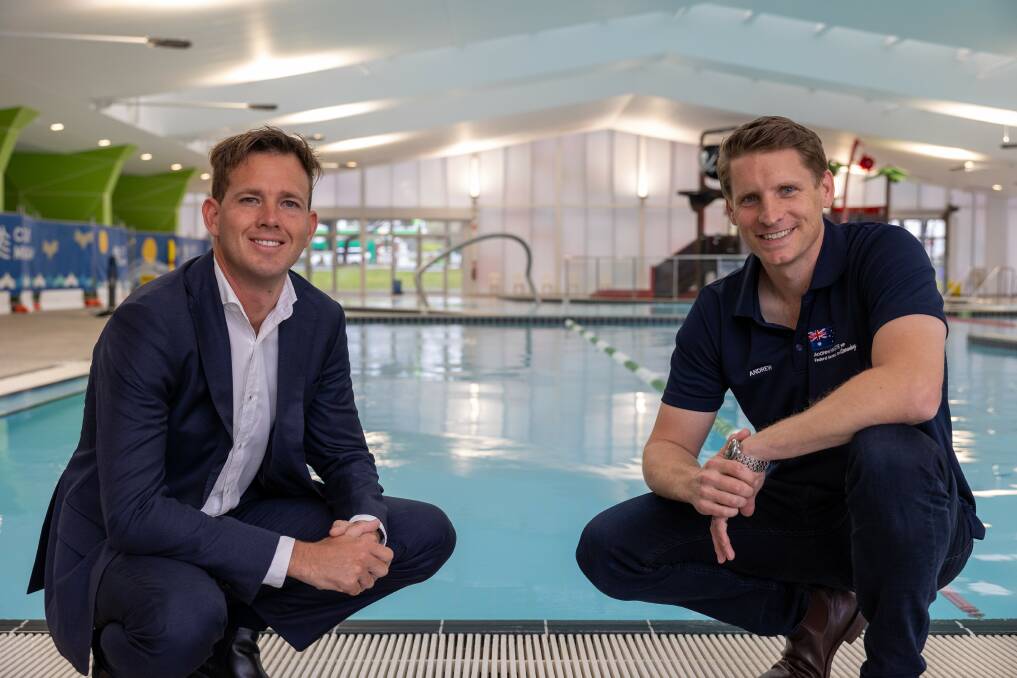 Mandurah mayor Rhys Williams and Canning MP Andrew Hastie at the Mandurah Aquatic and Recreation Centre. Picture: Supplied.