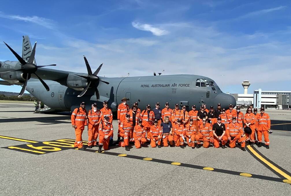 Mandurah SES volunteers flew on the RAAF Hercules to help the Kalbarri community. Photo: Supplied.