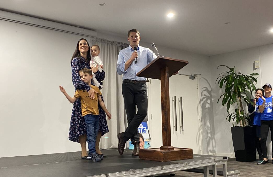 Andrew Hastie delivering his victory speech alongside his wife Ruth and his children Jonathan and Jemima. Picture: Supplied.