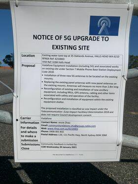The notice of 5G upgrade left on the water tower gate. Photo: Supplied.