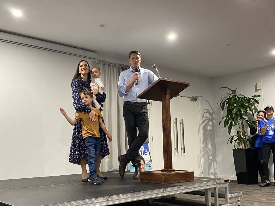 Celebrations: Andrew Hastie delivering his victory speech alongside his wife Ruth and two of his children, Jonathan and Jemima. Picture: Supplied.