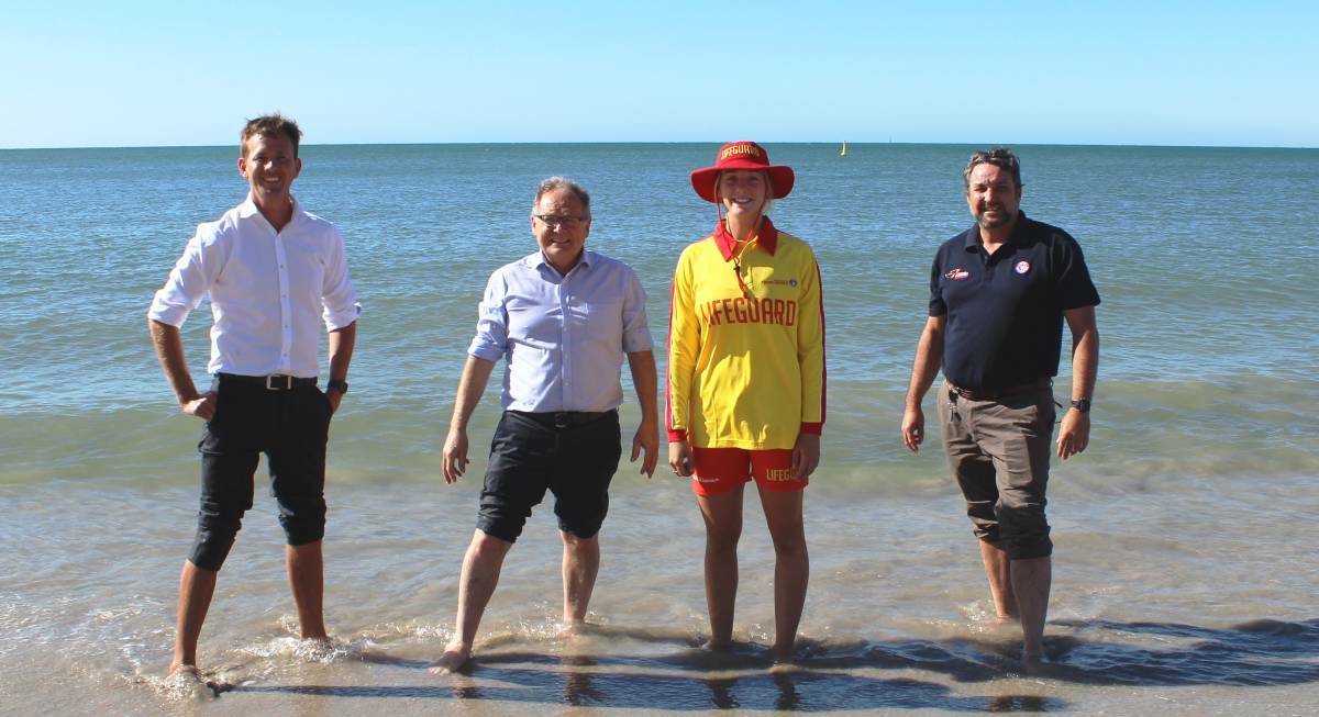 Safe beaches: Mayor Rhys Williams, Mandurah MLA David Templeman, Amily Pugh SLSWA lifeguard and Chris Peck Surf Life Saving WA general manager, Lifesaving. Photo: Supplied.