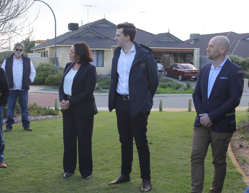 Dawesville MP Zak Kirkup, WA Opposition leader Liza Harvey and Mandurah Liberal candidate Ryan Burns listened to Seascapes residents' safety concerns on Monday. Photo: Claire Sadler.