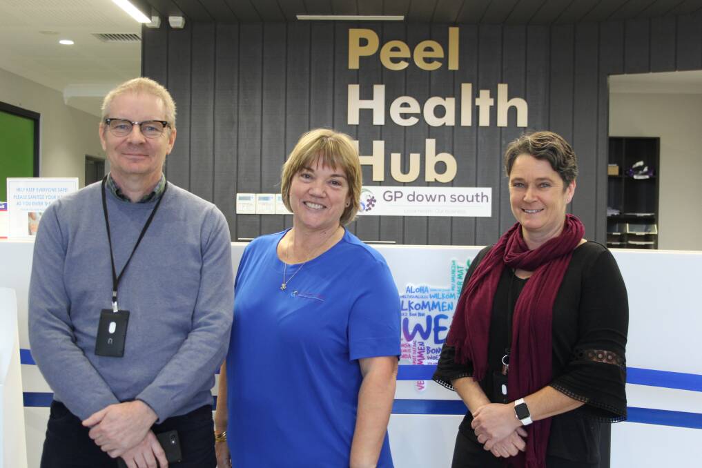 Peel Health Hub lead care coordinator Paul Reilly, GP Down South regional manager Denise Puddick, and GP Down South representative Eleanor Britton. Photo: Claire Sadler.