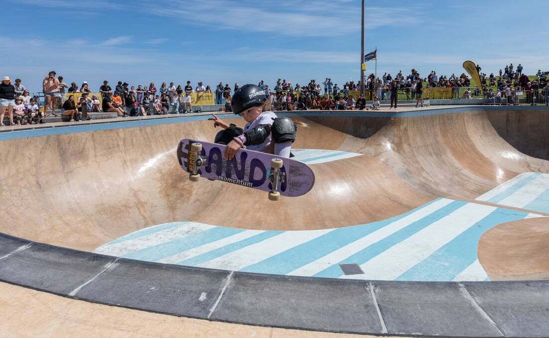 Wonder girl: Seven-year-old skateboarder Mia Twine is ready to shred in the big bowl at the Mandurah Skatepark. Picture: Shane Taylor.