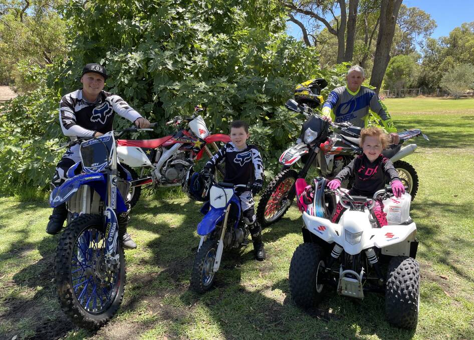 Off road family: Ryan May with his children Nate and Mia, and his dad Greg. Photo: Claire Sadler.