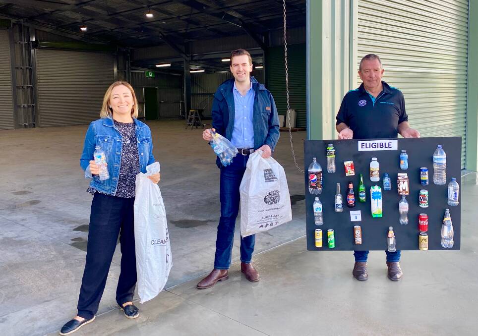 Coastal Waste Warriors spokeswoman Kirstin Field, Dawesville MP Zak Kirkup, and Community Recycling WA spokesman John Ditchburn are excited for the relaunch of Cash for Trash. Photo: Supplied.
