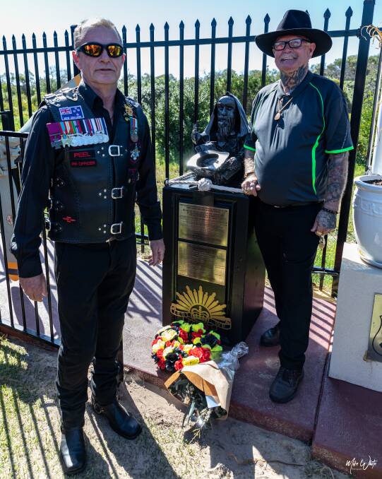 City of Mandurah councillor Dave Schumacher and homelessness advocate Owen Farmer at the unveiling of 'The Homeless Soldier' statue. Photo: Mike White Photography.