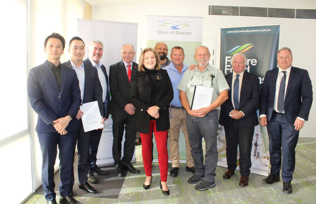Lease signing: The GrowHub's Bruce Lee and Lester Chan, Shire of Murray president David Bolt, Murdoch University professor Andrew Deeks, Murray-Wellington MP Robyn Clarke, Spinifex Brewery's Mick Little, Adam Barnard, and John Gibbs, Professor Peter Davies, and Shire of Murray chief executive Dean Unsworth. Picture: Supplied.
