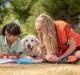 A volunteer and story dog helping a primary school student read. Picture: Supplied.