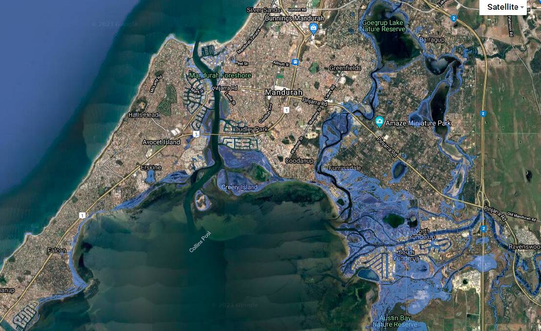 THREAT: The website allows users to visualise what the impact of rising sea levels could be. The areas in blue would be underwater in Mandurah. Image: Screenshot.