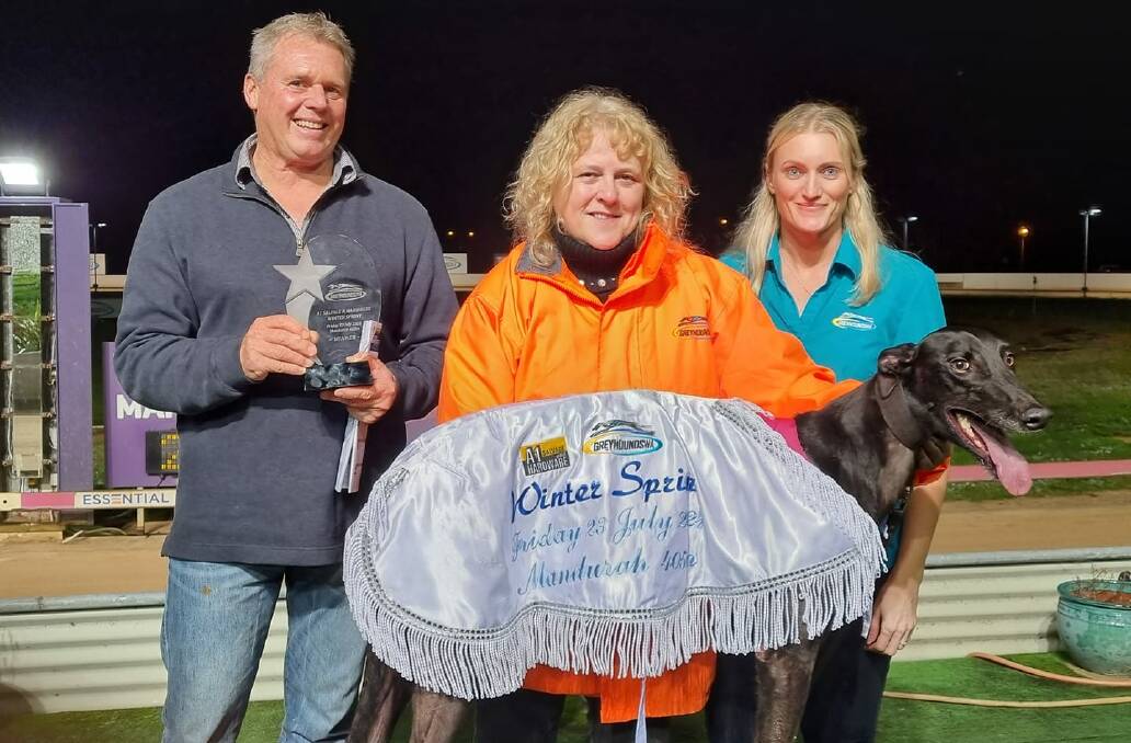WINTER SPRINT: Andrew Haines (A1 Salvage & Hardware - sponsor), Kathy Scott (handler) and Alina Cattana (Greyhounds WA) with winner Harper's Hero.