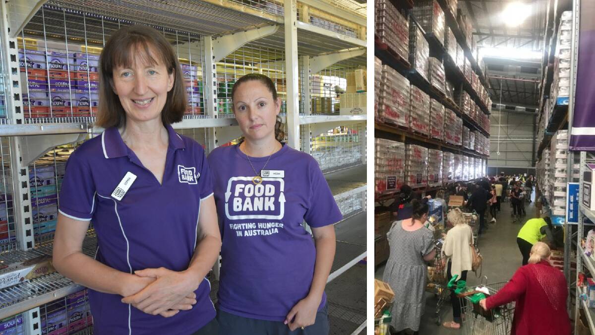 IN DEMAND: Foodbank WA Peel staff (left) and the busy Perth warehouse on Friday (right). 