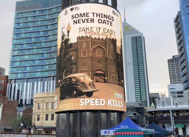 A billboard in Yagan Square, Perth with the 1933 message that has remained the same.