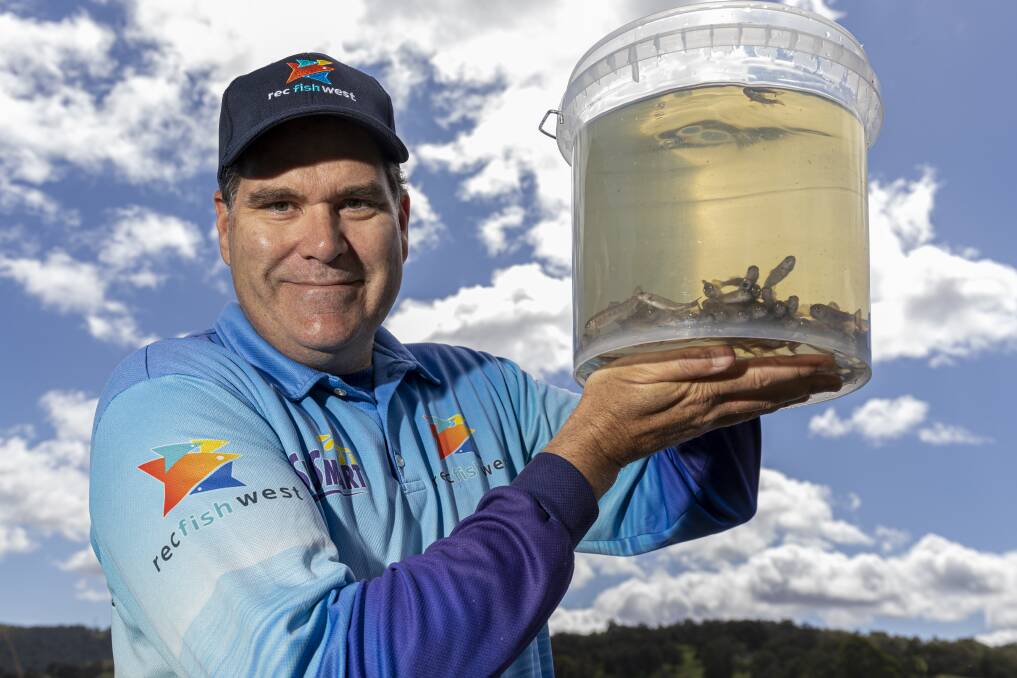 Recfishwest CEO Dr Andrew Rowland with rainbow trout fingerlings at last years Troutfest. Picture: Recfishwest
