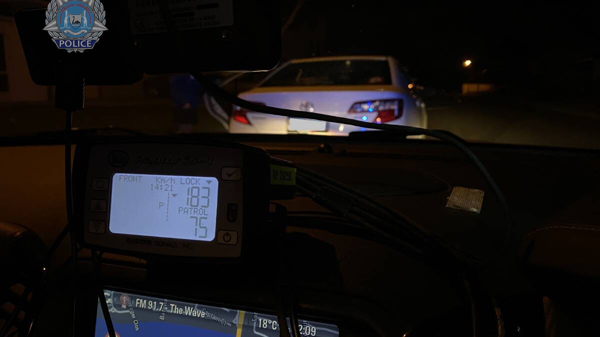 The car was allegedly being driven south-bound at 183km/h in a 100km/h speed zone on the Dawesville Bypass.