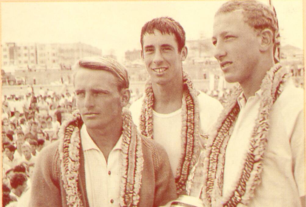 The placegetters from inaugural Australian surfing championships at Bondi Beach, November 23, 1963: left to right, Mick Dooley (2nd), Rob Lane (3rd), Nat Young (1st). Photo from The History of Surfing supplied by Evans Family.