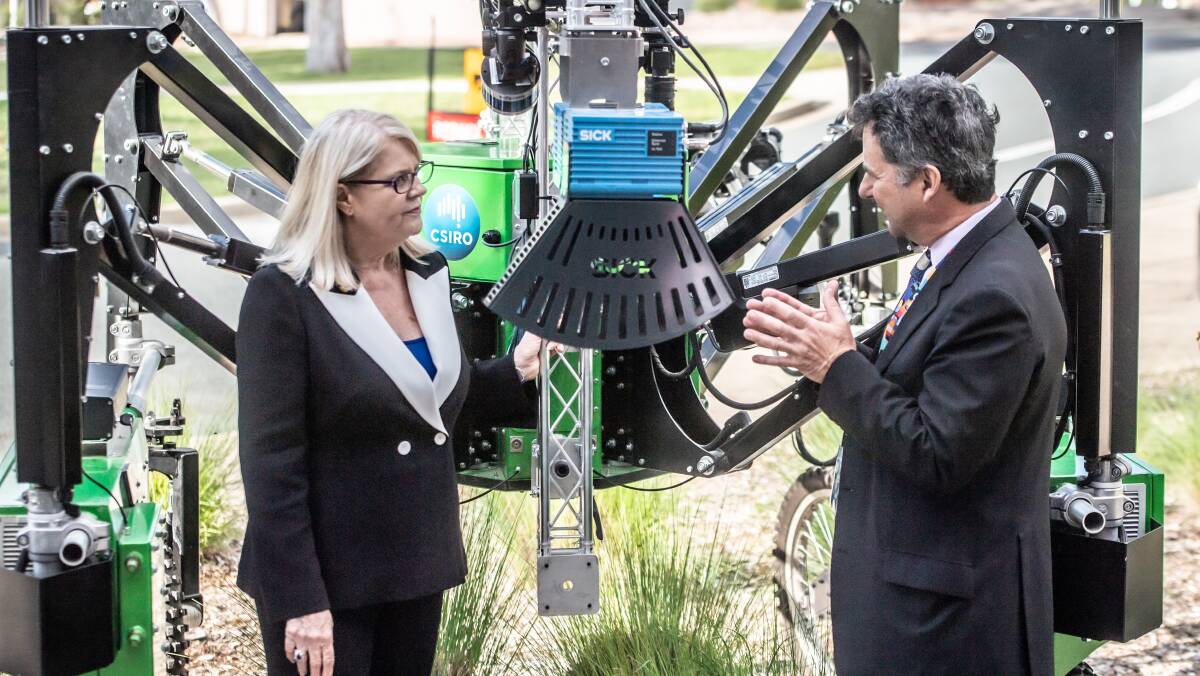 Industry Minister Karen Andrews and CSIRO chief executive Larry Marshall at the Black Mountain site in Canberra on Friday. Picture: Karleen Minney