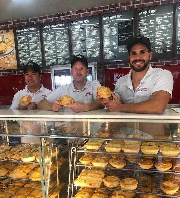 Mouthwatering: Dhing Tuiza, Darren Rowe and Paul Pantaleo from Pinjarra Bakery and Patisserie with some of their award-winning pies.