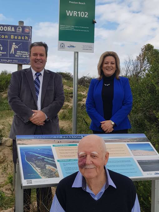 Response times: Shire of Waroona chief executive Ian Curley and councillor Noel Dew (front) with Murray-Wellington MP Robyn Clarke at Preston Beach. Photo: Supplied.