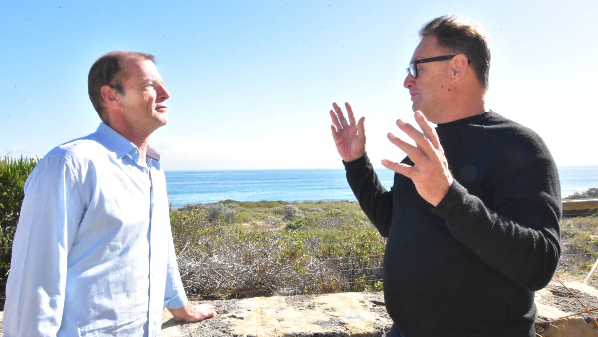 Cutting-edge technology: Halls Head resident Dave Schumacher and Shark Alert International managing director Chris Gurtler discuss the potential use of the company's solutions to monitor Mandurah beaches.