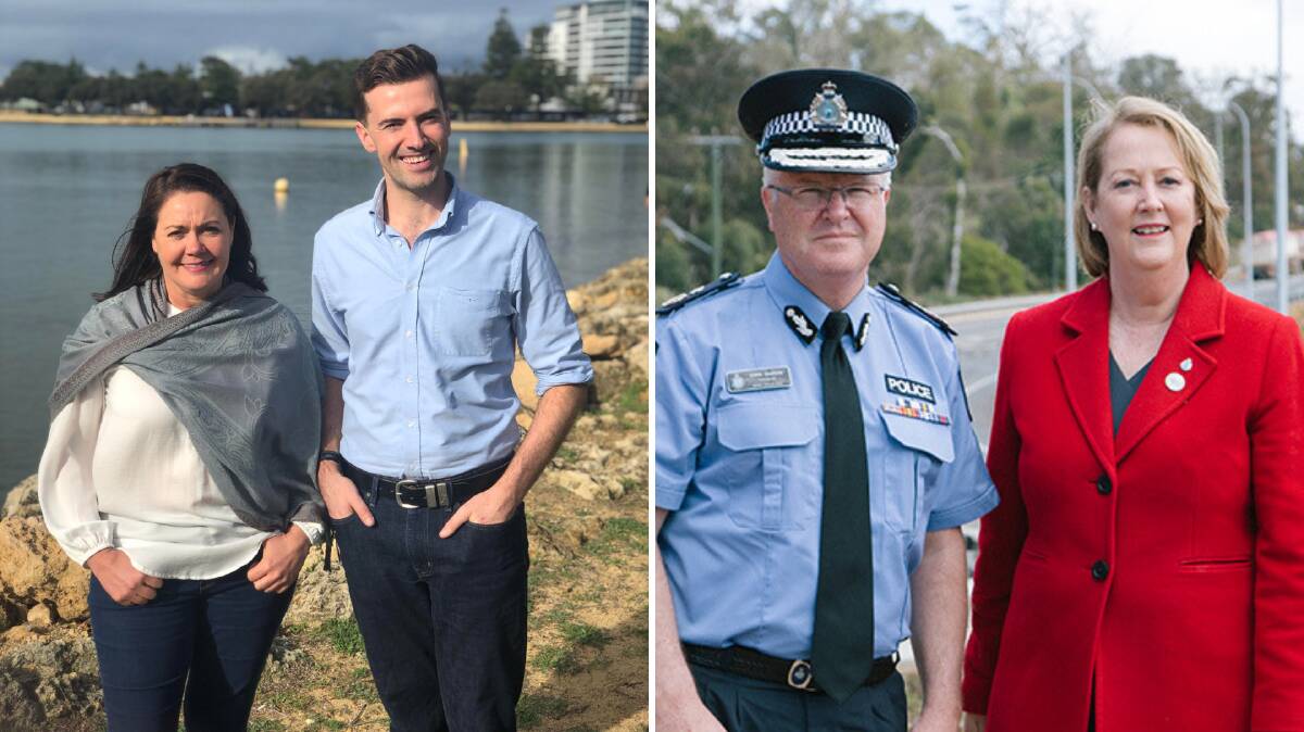 Debate: Opposition leader Liza Harvey and Dawesville MP Zak Kirkup in Mandurah on Sunday (left). Police commissioner Chris Dawson with police minister Michelle Roberts (right). Photos: Supplied.