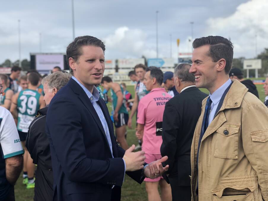 Canning MP Andrew Hastie and Dawesville MP Zak Kirkup Peel Thunder at Saturday's Peel Thunder game. Photo: Supplied. 