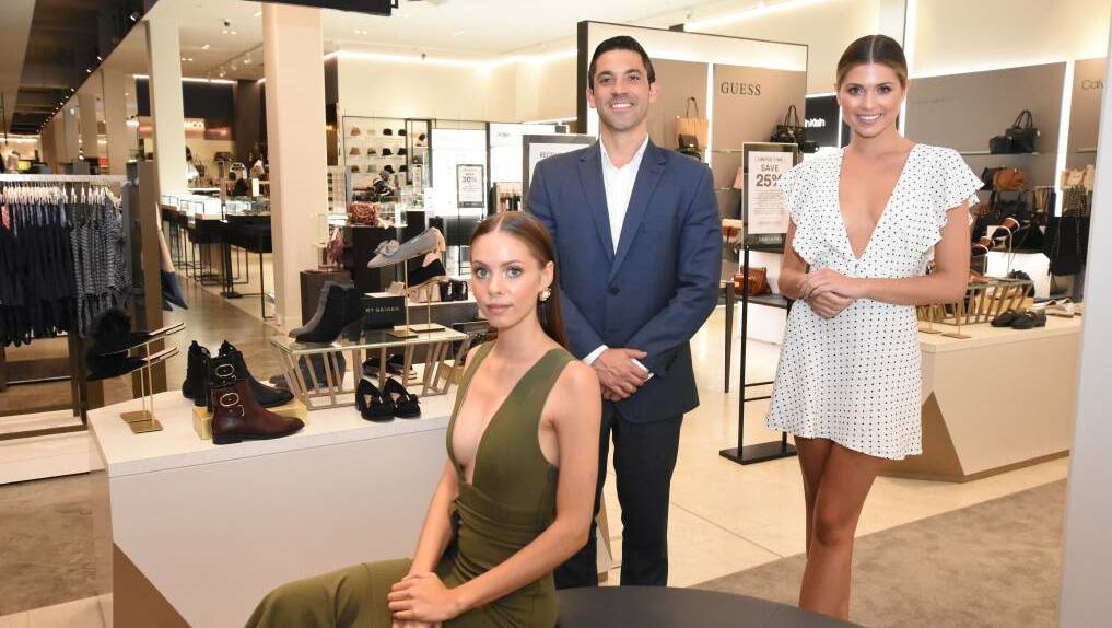 David Jones retail director Aaron Faraguna with models Raquisha Kearing and Jordy Kuriata in the new Mandurah Forum store. Photo: Amy Martin. 