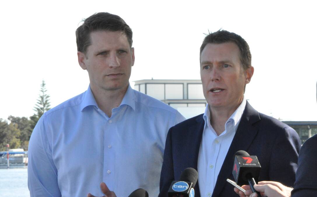Drug testing: Canning MP Andrew Hastie with former Social Services Minister Christian Porter at the announcement of random drug testing of Mandurah job seekers in August. Photo: Kate Hedley.