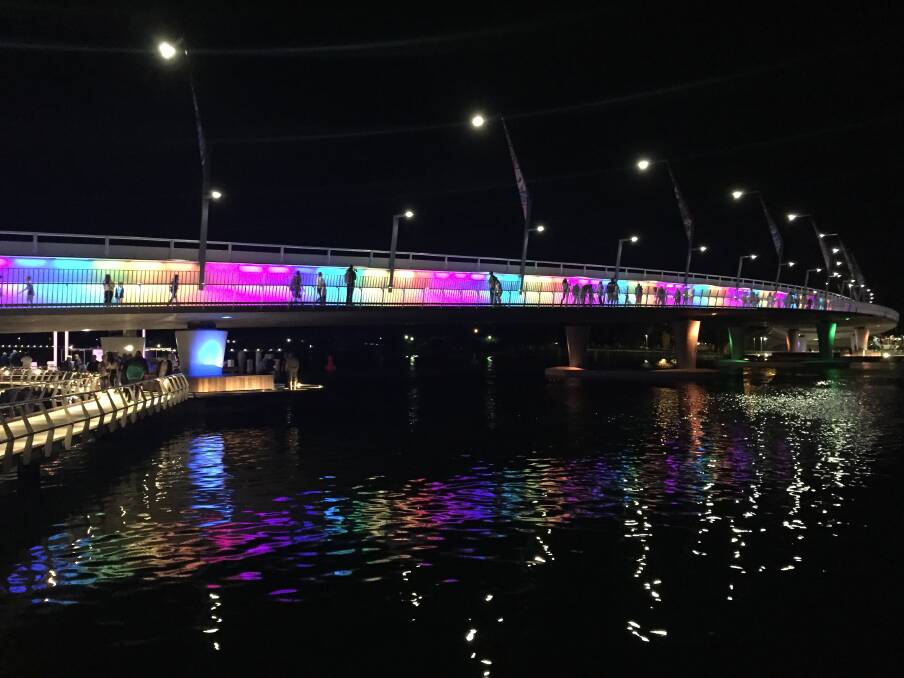 A rainbow of colours: The Mandurah Traffic Bridge when the lights were first turned on. Photo: Caitlyn Rintoul. 