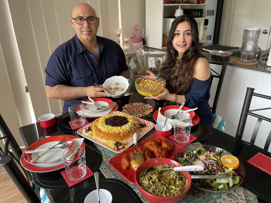 Ash and Ati Sadeghi with their traditional Iranian feast of aash, boorani, polo morgh and shole zard.