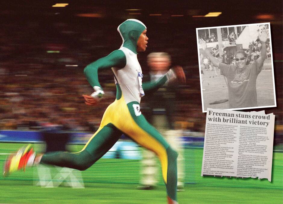 SUPERSTAR: Cathy Freeman on her way to Olympic victory (main pic); celebrating her win at Stawell; and Paul Nolan's account of that race. Picture: Getty Images. 