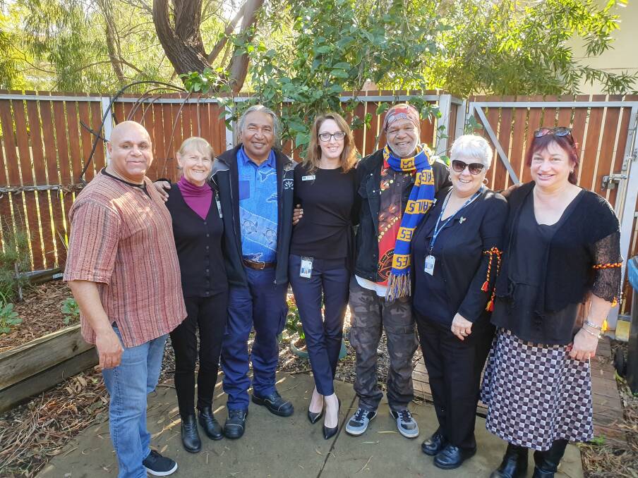 Comedian Kevin Kropinyeri, Peel Health Campus chief executive Marg Sturdy, George Walley, Peel Health Campus finance and corporate services director Renee Durrant, Franklin Nannup, Anne Salter and Debb Alexander. Photo: Supplied.