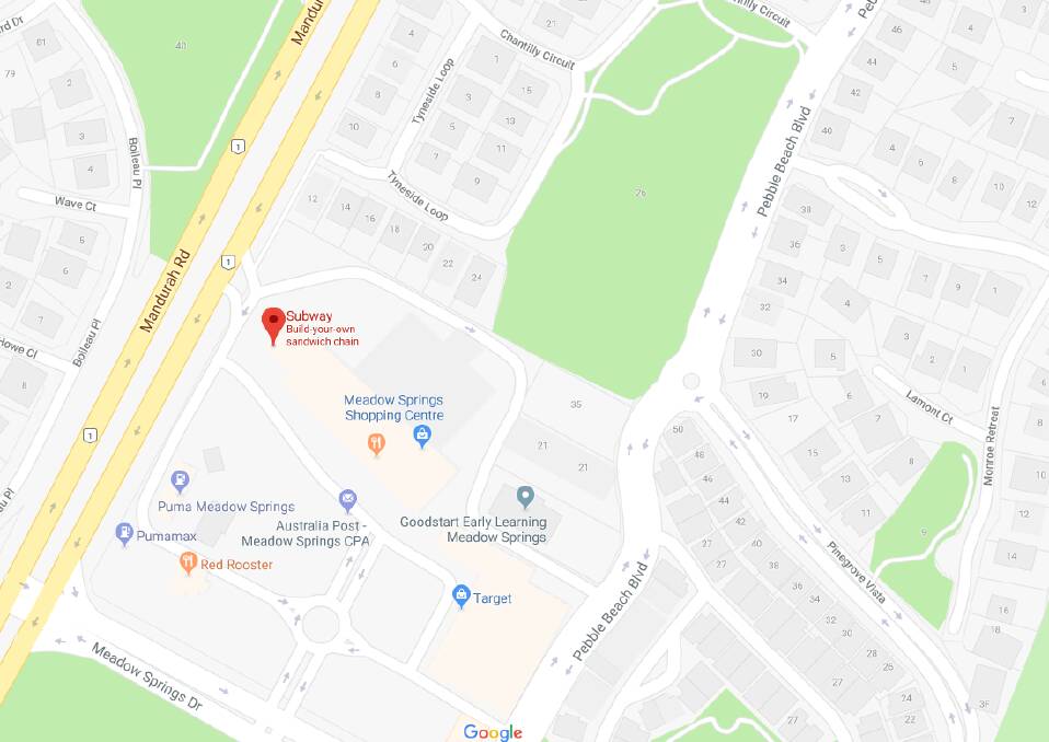 The incident occurred on the footpath adjacent to the car park of the Meadow Springs Subway store. Photo: Google Maps.