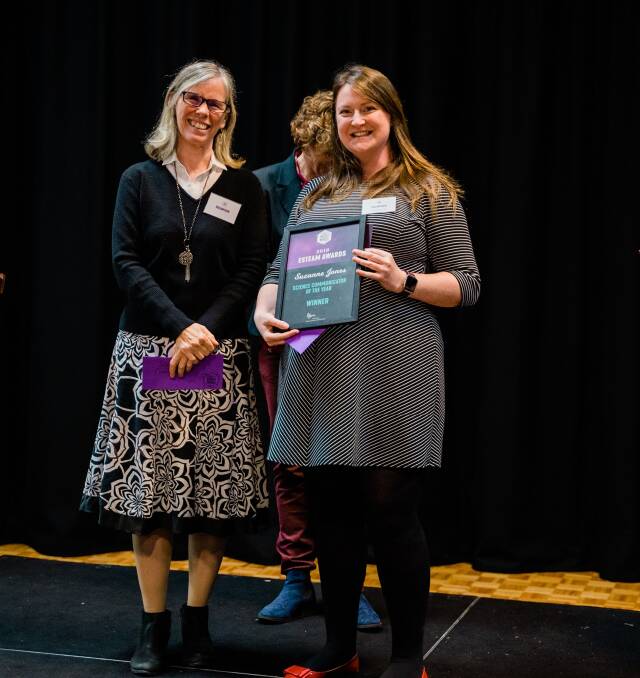 Roban Clarke congratulates Science Communicator of the Year award winner Suzanne Jones. Photo: Lewis Williamson.