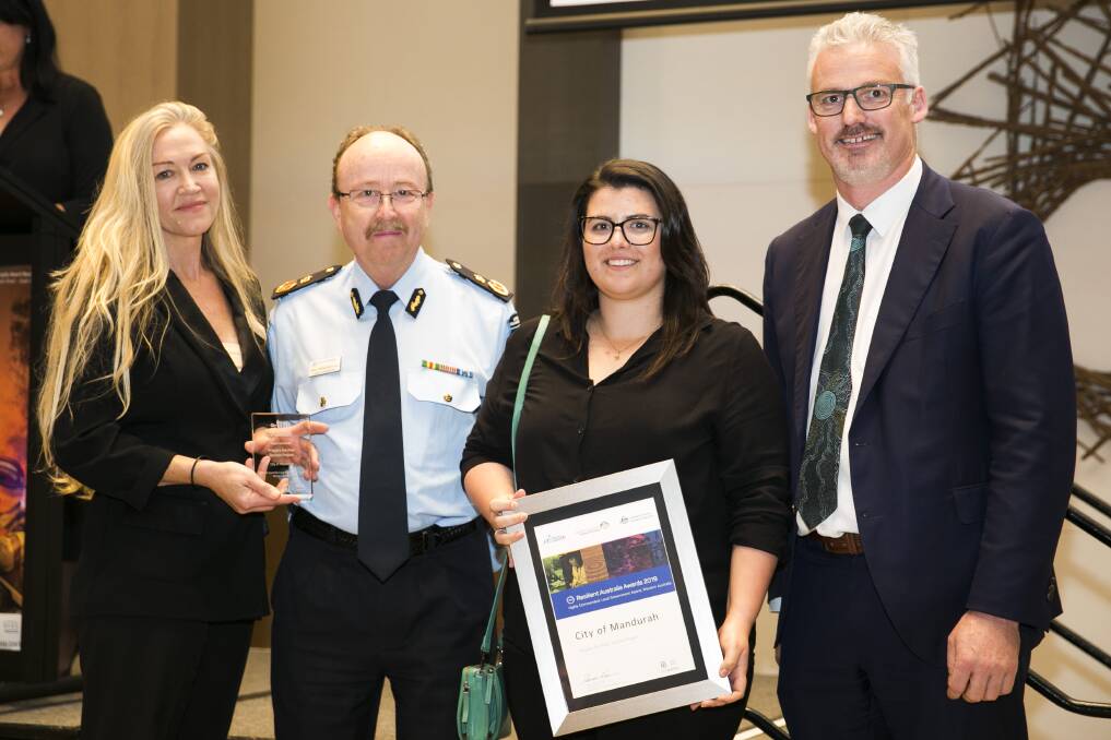 City of Mandurah representatives Myra Giardini and Sam Edwards with Sustainable Communities director Tony Free and Department of Fire and Emergency Services deputy commissioner Mal Carnstedt. Photo: Supplied.