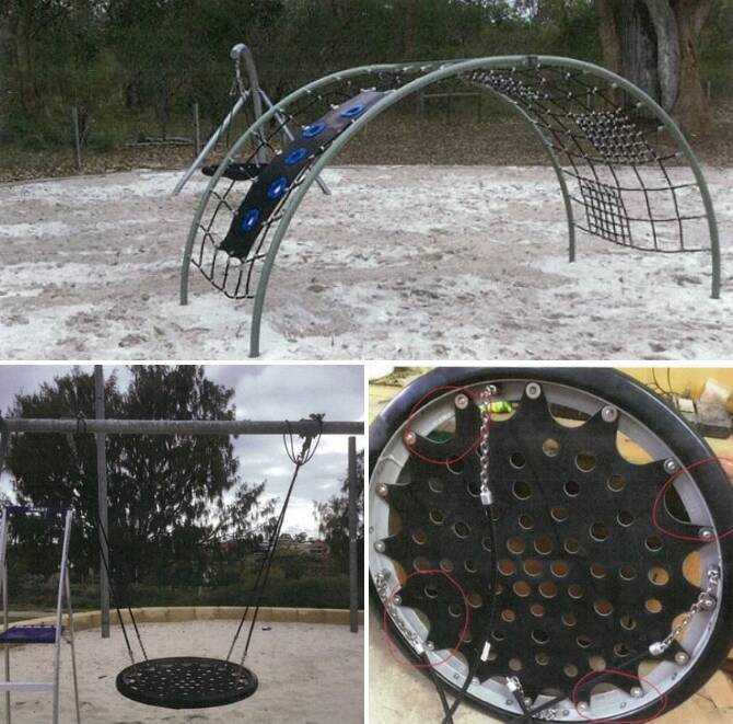 Playground equipment worth more than $22,000 has recently been stolen from two parks in Mandurah. Photos: Supplied.