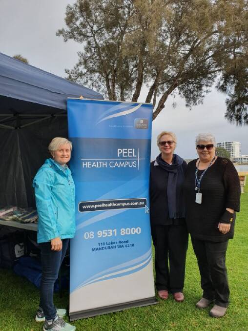 Sharon Deen, Kay Williams and Anne Salter represented Peel Health Campus at the Mandurah foreshore event, where the donated goods were distributed to people in need. Photo: Supplied.