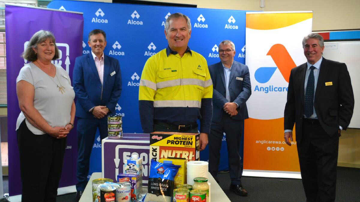 Murray House Resource Centre manager Elaine Edwards, Foodbank WA chief executive officer Greg Hebble, Alcoa Australia president Michael Gollschewski, Anglicare WA chief executive officer Mark Glasson and Shire of Murray president David Bolt. Photo: Supplied.