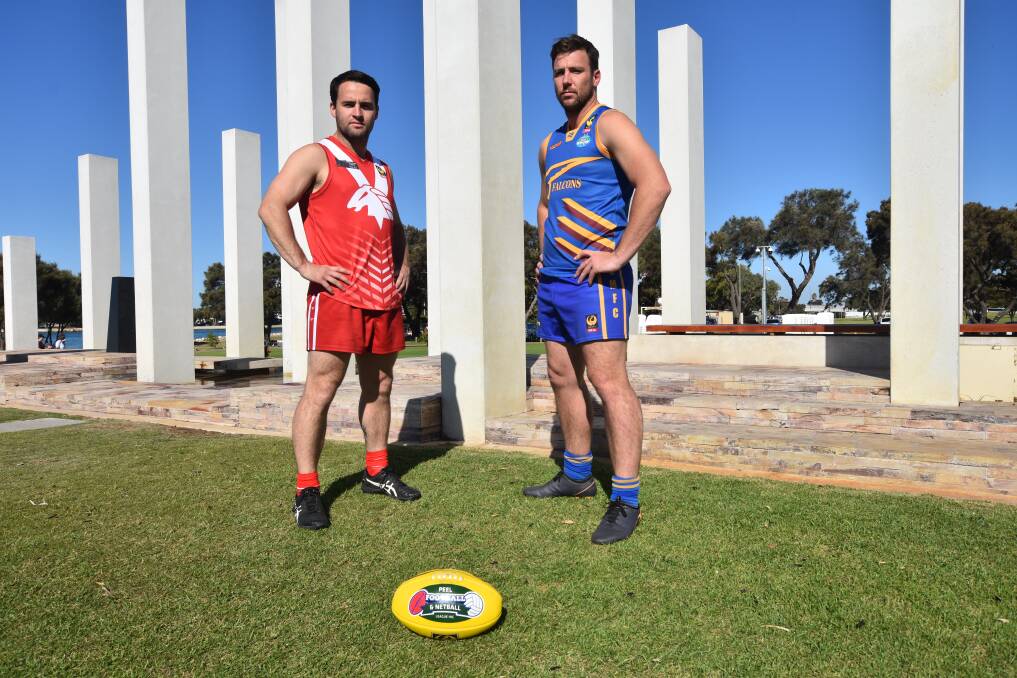 Mustangs captain Daniel Adair and Falcons skipper Brad Holmes will be looking to pay their respects with a spirited display of footy on Anzac Day. Photo: Justin Rake.