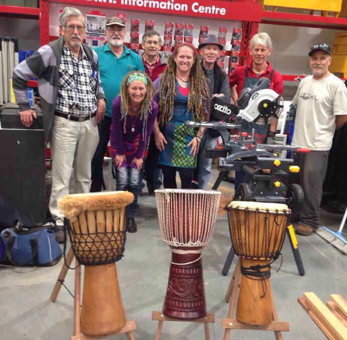 Bunnings Greenfields and the Falcon Men's Shed pitched in to help build the drums that will be used at Carolyne Forte and Linda Telfer's Full Moon Community Drum Circle later this month. Photo: Supplied.