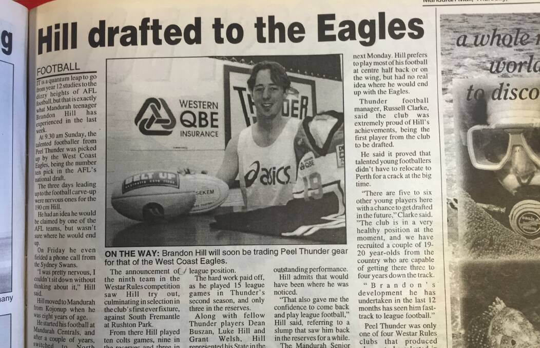 A Mandurah Mail article after Brandon Hill became Peel's very first draftee. 