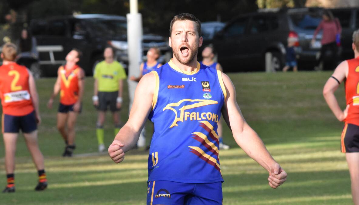 Falcons spearhead Brad Holmes is on track to boot over 100 goals this season. Photo: Justin Rake.