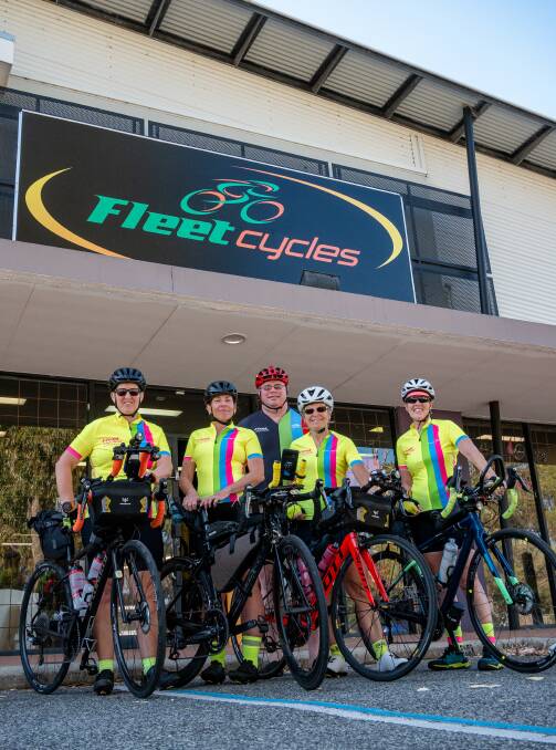 Bridget Rhodes-Moore, Kimberley Ogden, Diane Humphrey and Tiani Dunn, pictured with Fleet Cycles owner Mickey Boulton (middle), will set out on the Great Southern Ultra Challenge later this month. Photo: Cohen De Catania-Ogden. 
