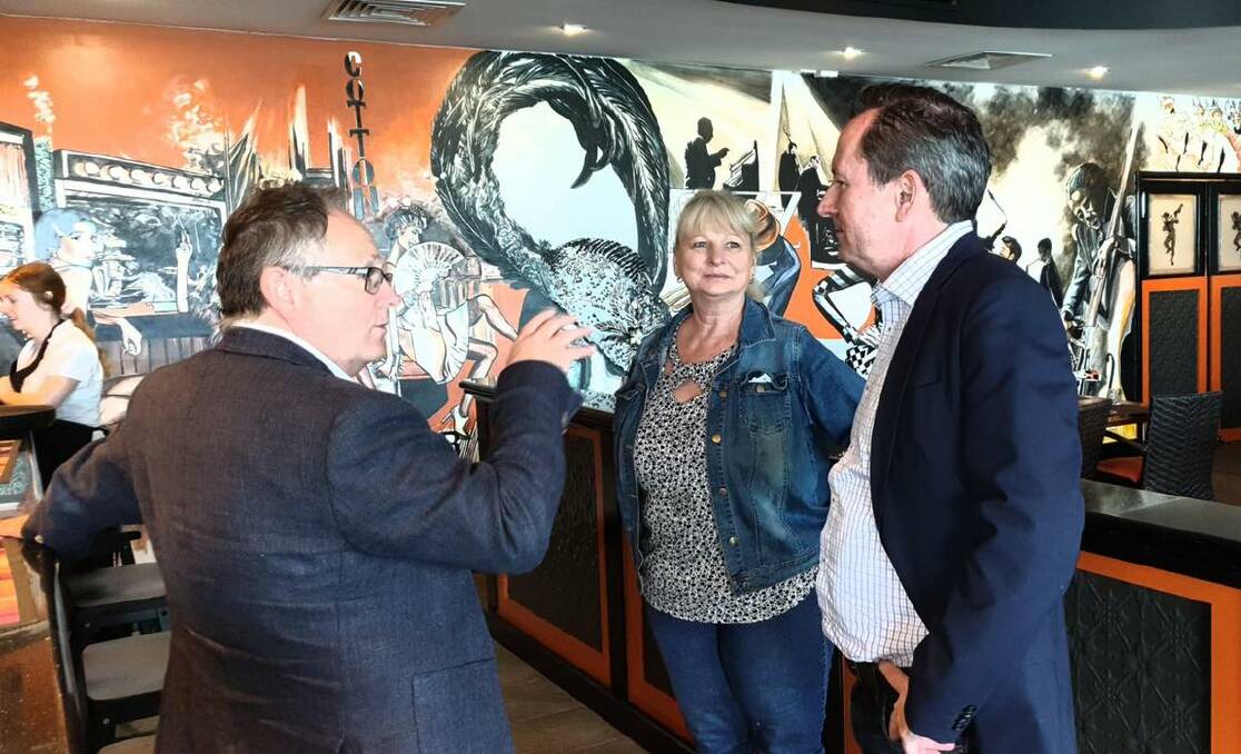 The Stage Door owner Gayle Iannetta (middle) greets Mandurah MP David Templeman and WA Premier Mark McGowan at her establishment earlier this month. Photo: Facebook.