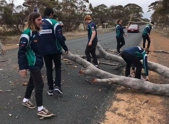 The Peel Cavaliers boys pitch in to clear a tree from the road on their way home. Photo: Supplied.