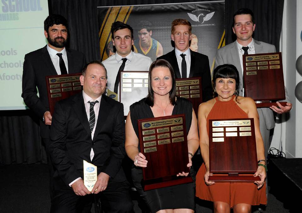 The WA Football Commission honoured a number of school AFL programs at the 2016 AFL School Ambassador Awards night. Pictured is award winners Simon Nimmo, Jake Davis, Thomas Moscarda and Jack Green (back) with Paul Polczynski, Narelle Scott and Taziana Leunig (front).
