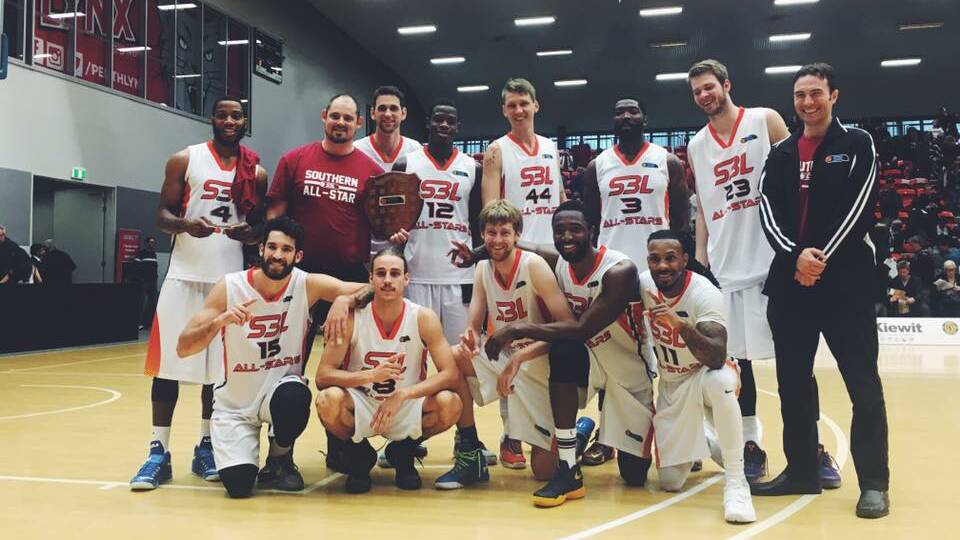 The South team celebrate after winning the SBL all-star game on Monday. Trevor Setty is pictured in the centre of the back row (number 44). Photo: Facebook/SBL.